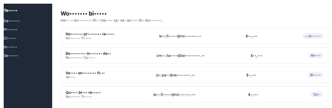 A dashboard listing four other people's records, every word blanked past its first two letters